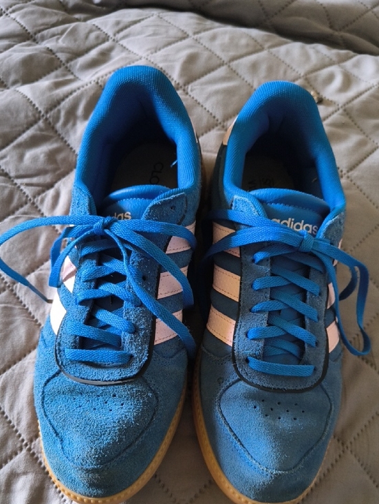 adidas Shoes - adidas Blue Suede Sneakers with Light Pink Stripes